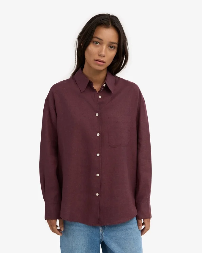 Übergroßes Leinenhemd – Oxblood-Rot