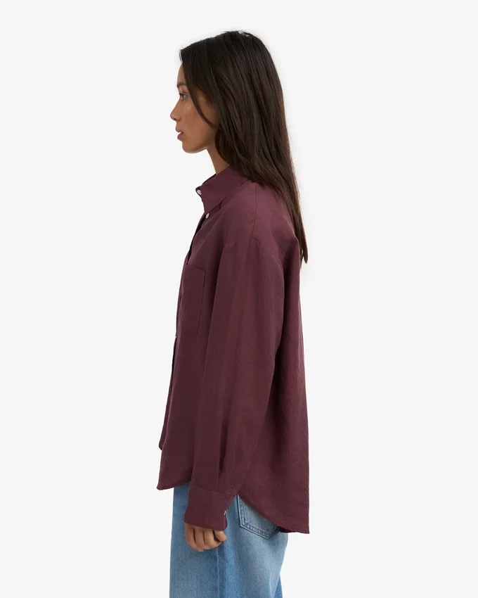 Übergroßes Leinenhemd – Oxblood-Rot