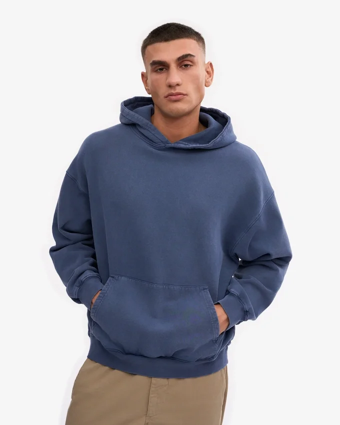 Übergrößen-Kapuzenpullover aus Bio-Merinowolle – Neptunblau