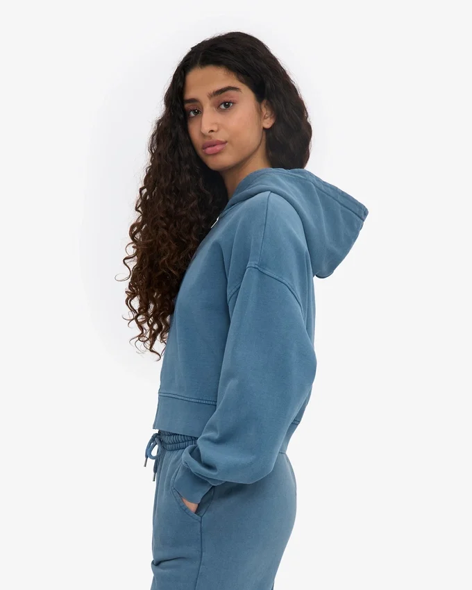 Bio-Crop-Kapuzenpullover mit Reißverschluss – Faded Indigo