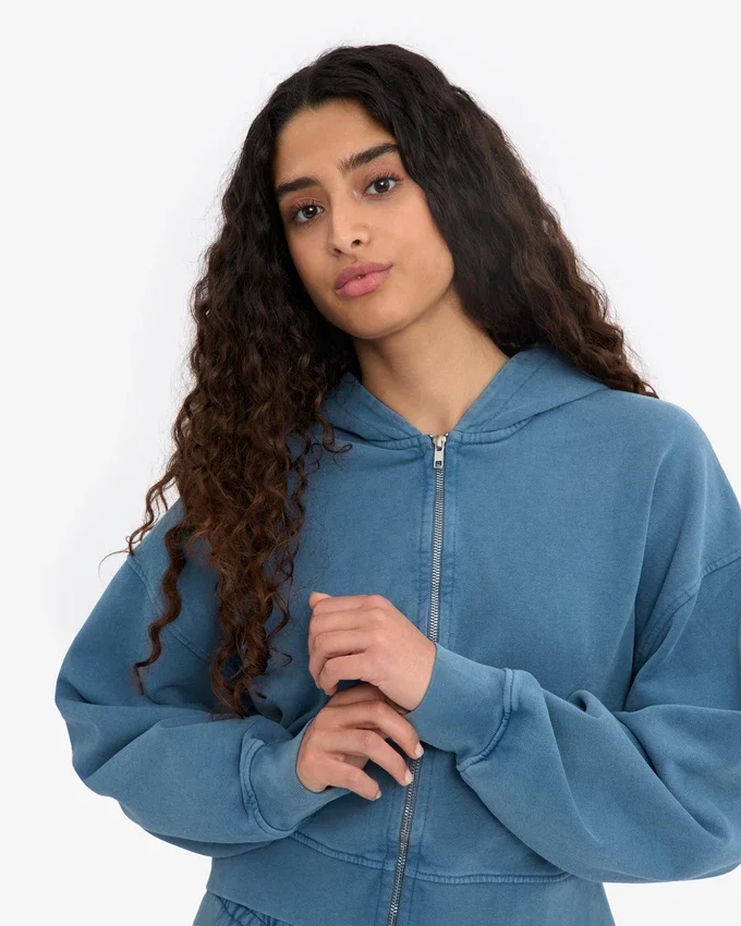 Bio-Crop-Kapuzenpullover mit Reißverschluss – Faded Indigo