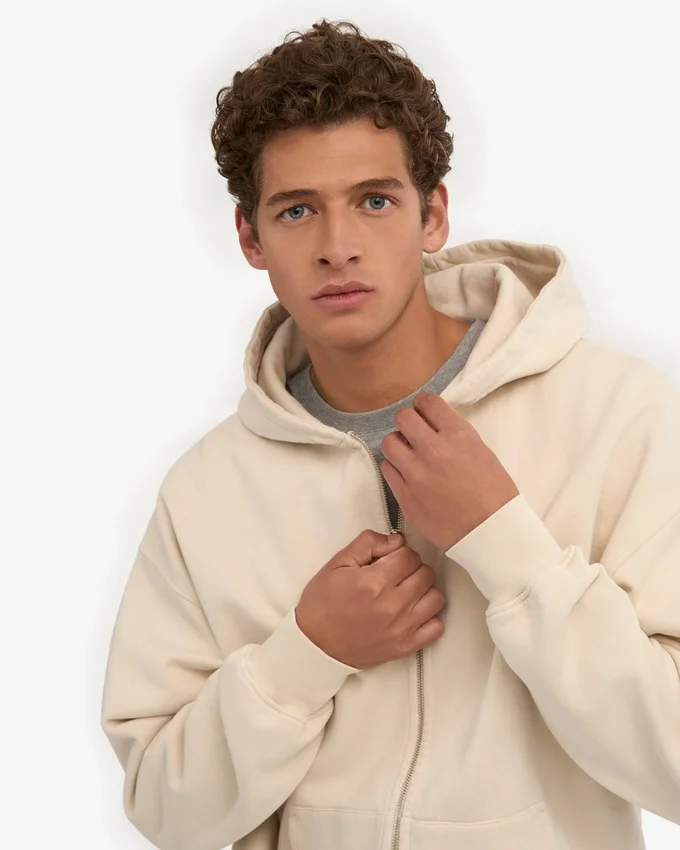 Bio-Kapuzenpullover mit Reißverschluss, Oversize – Elfenbeinweiß