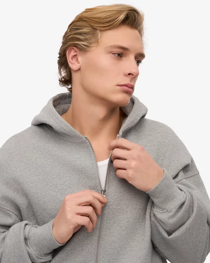 Bio-Kapuzenpullover mit Reißverschluss, Oversize – Meliert-Grau