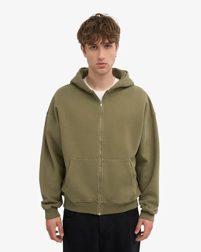 Bio-Kapuzenpullover mit Reißverschluss, Oversize – staubiges Oliv