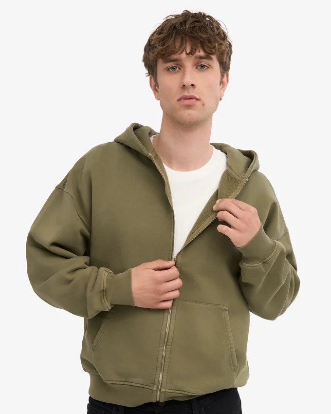 Bio-Kapuzenpullover mit Reißverschluss, Oversize – staubiges Oliv