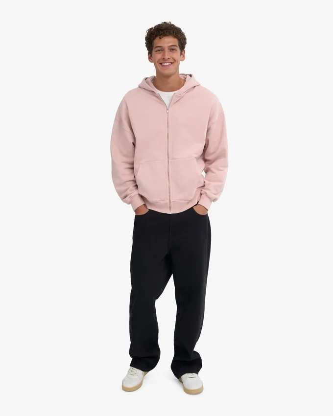 Bio-Kapuzenpullover mit Reißverschluss, Oversize – verblasstes Rosa