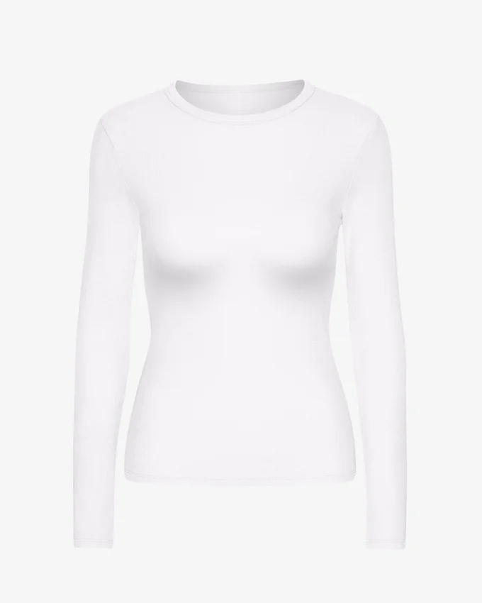 Bio-Langarm-T-Shirt für Damen mit Rippstrick – Optisches Weiß