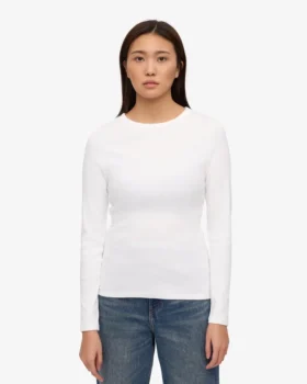 Bio-Langarm-T-Shirt für Damen mit Rippstrick – Optisches Weiß