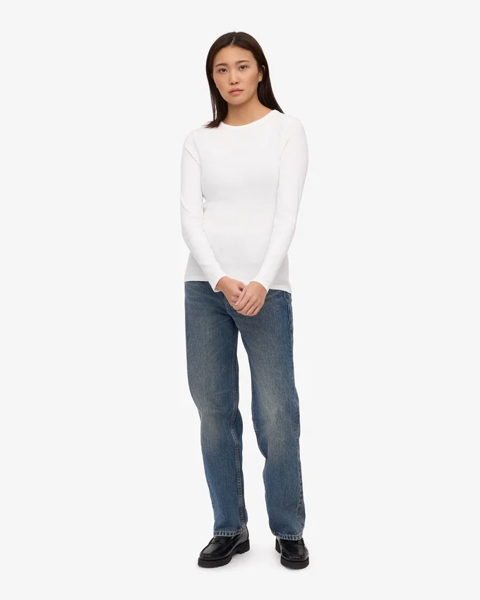 Bio-Langarm-T-Shirt für Damen mit Rippstrick – Optisches Weiß
