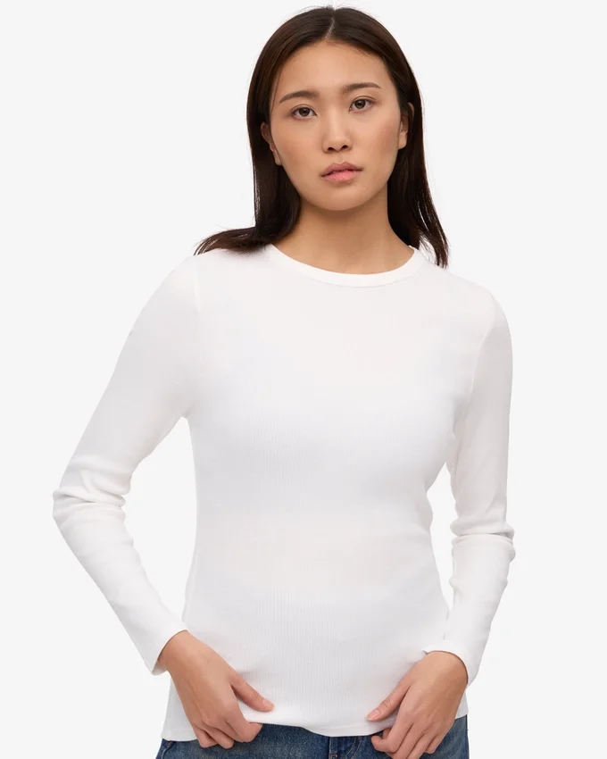 Bio-Langarm-T-Shirt für Damen mit Rippstrick – Optisches Weiß