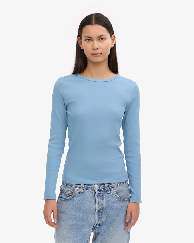Bio-Langarm-T-Shirt für Damen mit Rippstrick – Seaside Blue