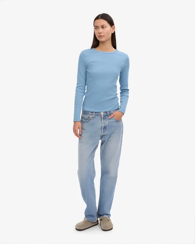 Bio-Langarm-T-Shirt für Damen mit Rippstrick – Seaside Blue