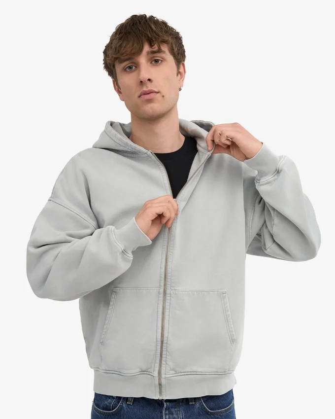 Bio-Oversize-Kapuzenjacke mit Reißverschluss – Ausgewaschenes Grau