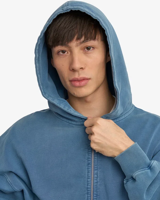 Bio-Oversize-Kapuzenjacke mit Reißverschluss – Faded Indigo