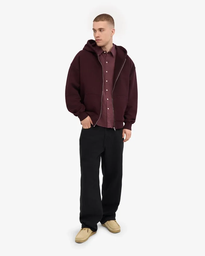 Bio-Oversize-Kapuzenjacke mit Reißverschluss – Oxblood-Rot