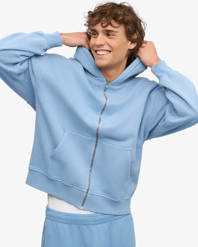 Bio-Oversize-Kapuzenjacke mit Reißverschluss – Seeblau