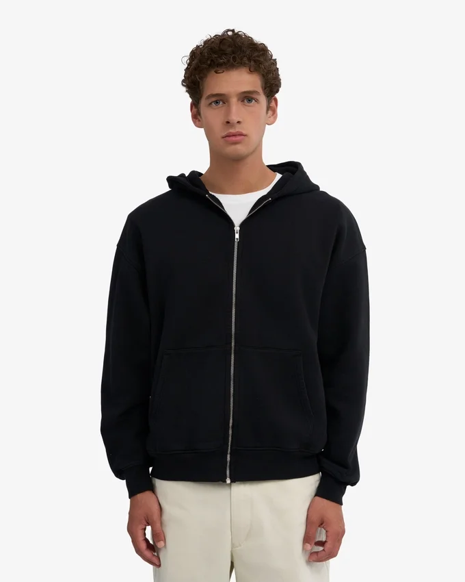 Bio-Oversize-Kapuzenjacke mit Reißverschluss – Tiefschwarz