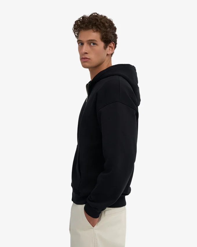 Bio-Oversize-Kapuzenjacke mit Reißverschluss – Tiefschwarz