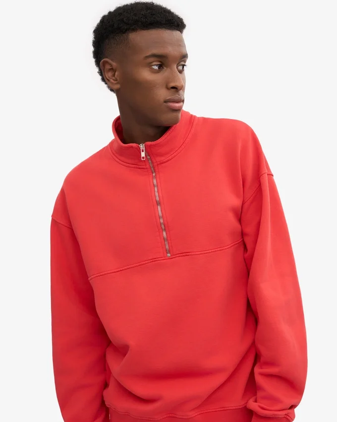 Bio-Pullover mit Troyer – Mandarinenrot