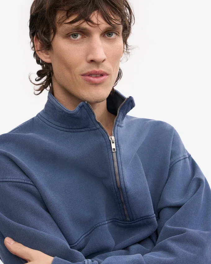 Bio-Pullover mit Troyer – Neptunblau