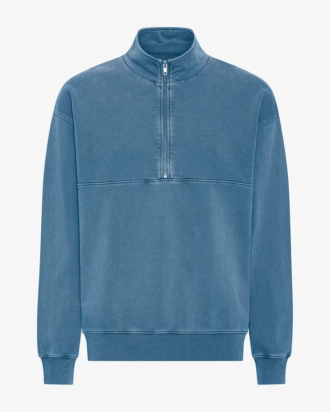 Bio-Pullover mit Troyer – verblasstes Indigo