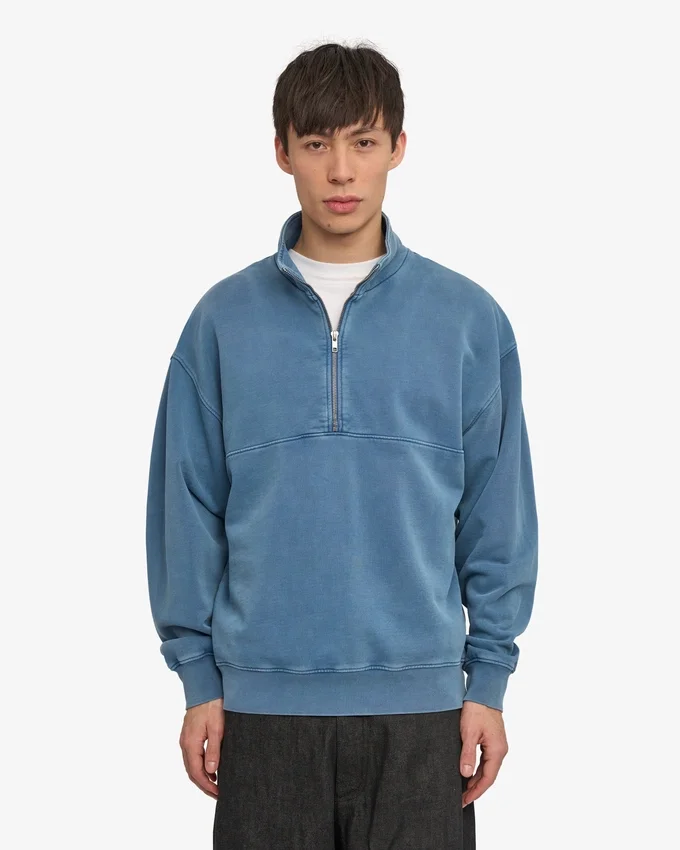 Bio-Pullover mit Troyer – verblasstes Indigo