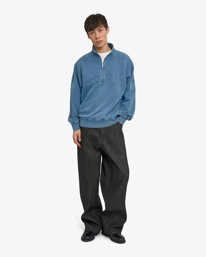 Bio-Pullover mit Troyer – verblasstes Indigo