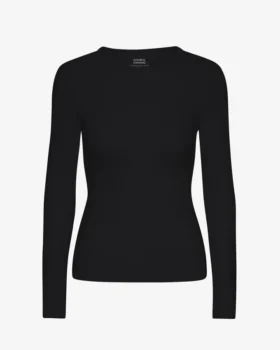Bio-Ripp-T-Shirt mit langen Ärmeln für Damen – Tiefschwarz