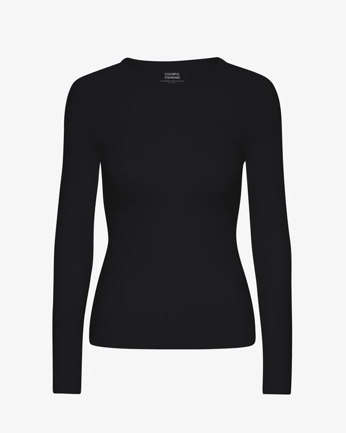 Bio-Ripp-T-Shirt mit langen Ärmeln für Damen – Tiefschwarz