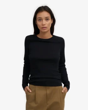 Bio-Ripp-T-Shirt mit langen Ärmeln für Damen – Tiefschwarz