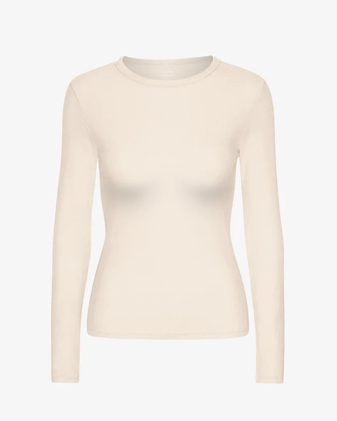 Bio-T-Shirt für Damen mit geripptem Ärmellang – Elfenbeinweiß