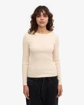 Bio-T-Shirt für Damen mit geripptem Ärmellang – Elfenbeinweiß