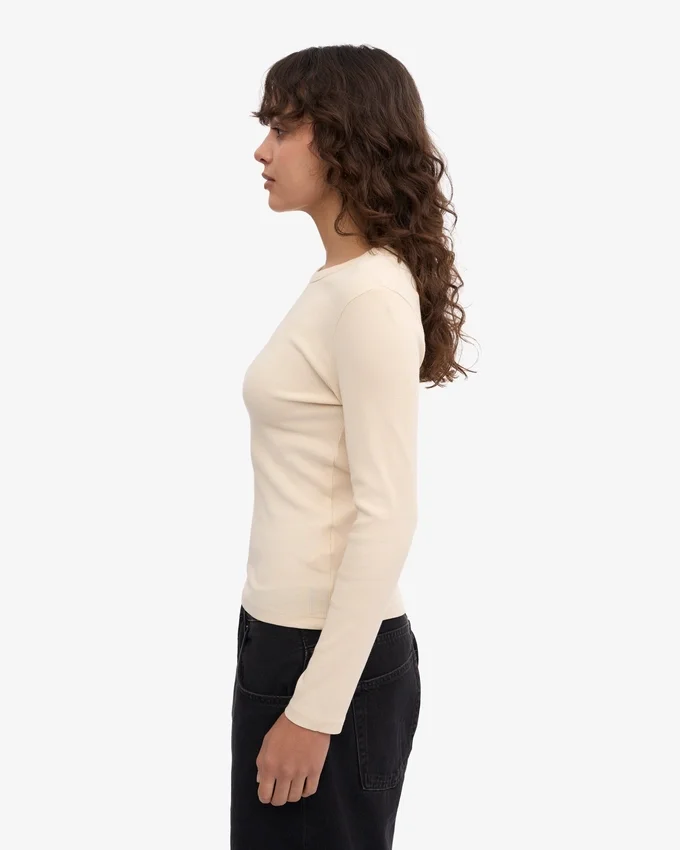 Bio-T-Shirt für Damen mit geripptem Ärmellang – Elfenbeinweiß