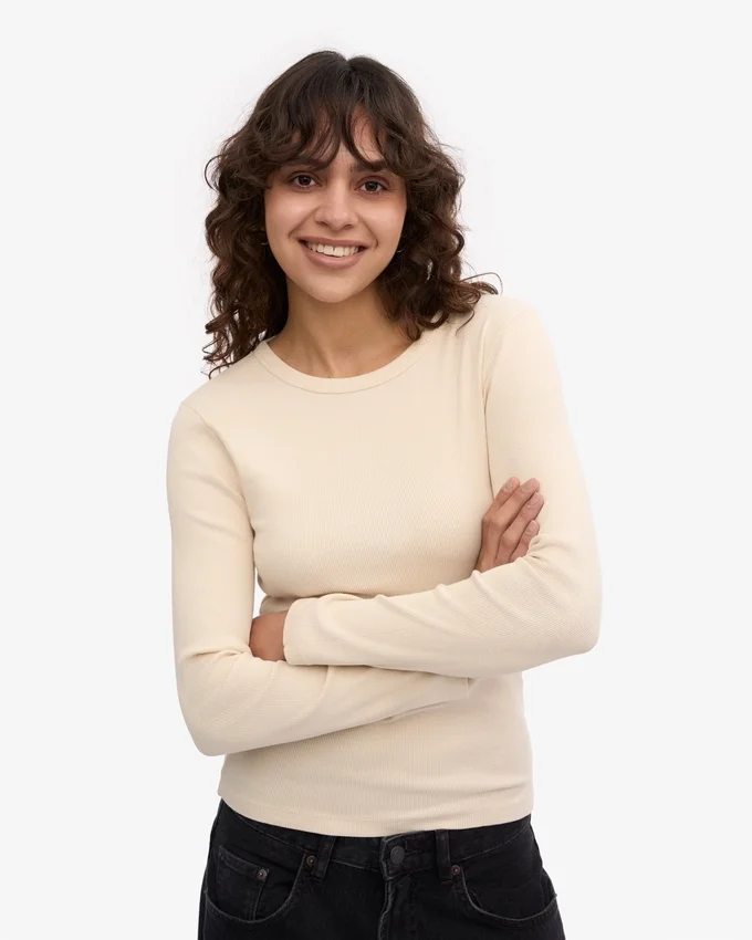 Bio-T-Shirt für Damen mit geripptem Ärmellang – Elfenbeinweiß