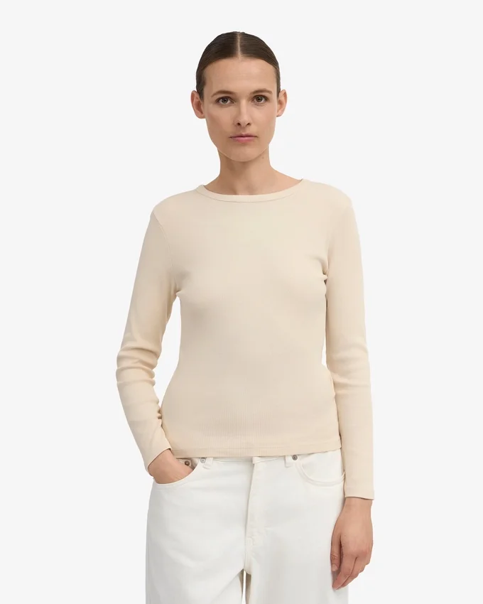 Bio-T-Shirt für Damen mit geripptem Ärmellang – Elfenbeinweiß