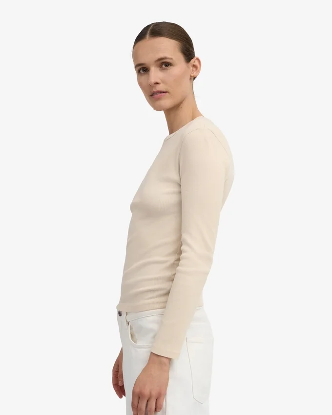 Bio-T-Shirt für Damen mit geripptem Ärmellang – Elfenbeinweiß