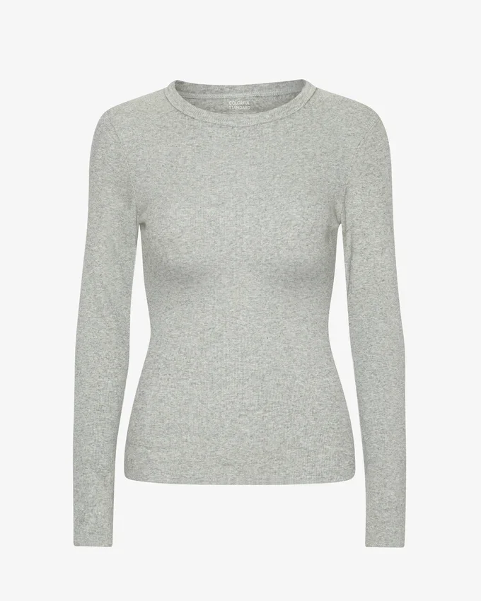 Bio-T-Shirt für Damen mit geripptem Saum und langen Ärmeln – Meliertgrau