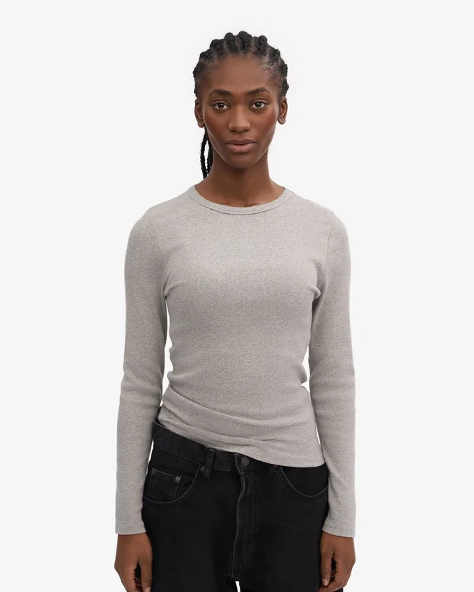 Bio-T-Shirt für Damen mit geripptem Saum und langen Ärmeln – Meliertgrau