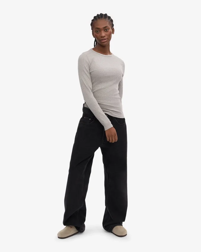 Bio-T-Shirt für Damen mit geripptem Saum und langen Ärmeln – Meliertgrau