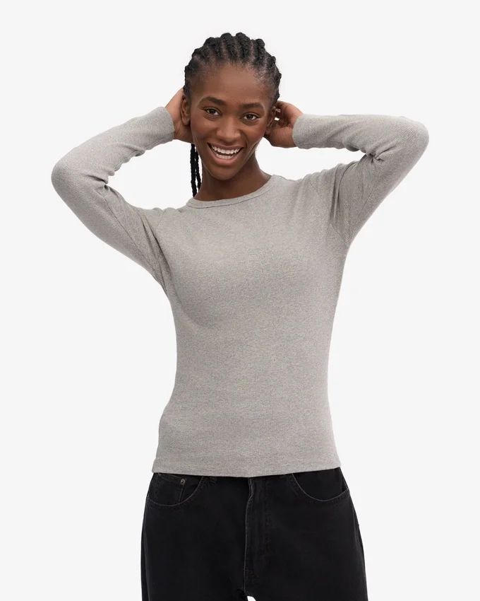 Bio-T-Shirt für Damen mit geripptem Saum und langen Ärmeln – Meliertgrau