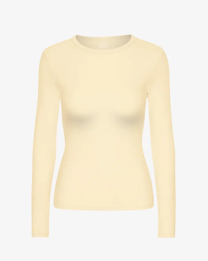 Bio-T-Shirt mit Rippbündchen und langen Ärmeln für Damen – Zartgelb