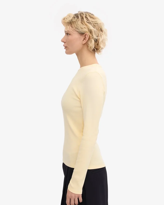 Bio-T-Shirt mit Rippbündchen und langen Ärmeln für Damen – Zartgelb