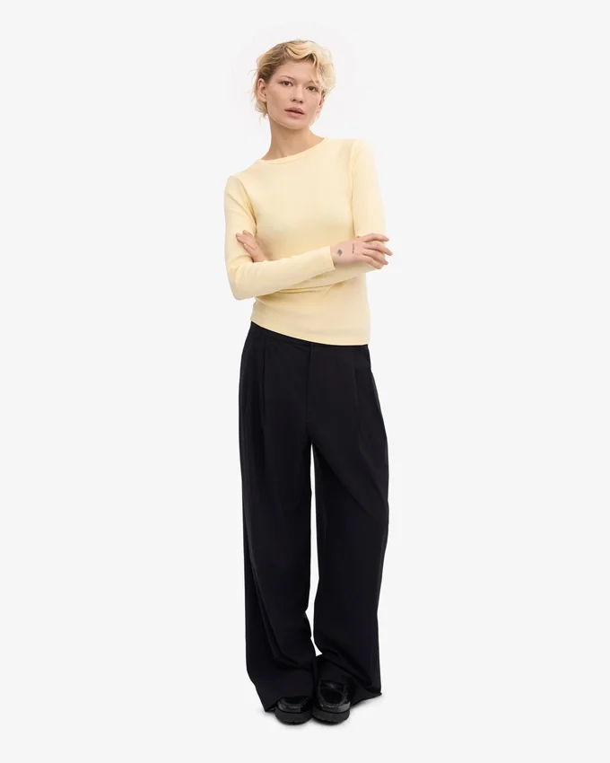 Bio-T-Shirt mit Rippbündchen und langen Ärmeln für Damen – Zartgelb