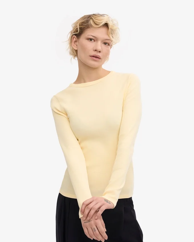 Bio-T-Shirt mit Rippbündchen und langen Ärmeln für Damen – Zartgelb