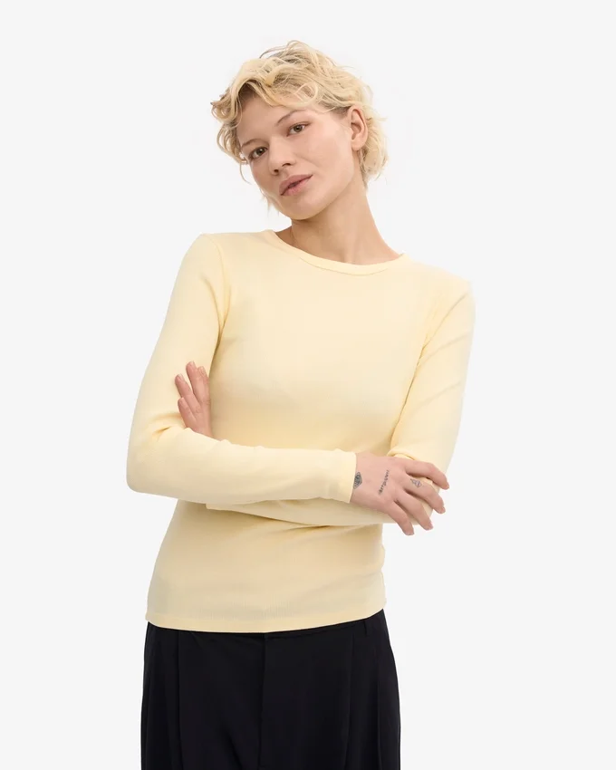 Bio-T-Shirt mit Rippbündchen und langen Ärmeln für Damen – Zartgelb
