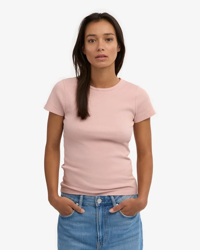 Bio-T-Shirt mit Rippstrick – Ausgewaschenes Rosa
