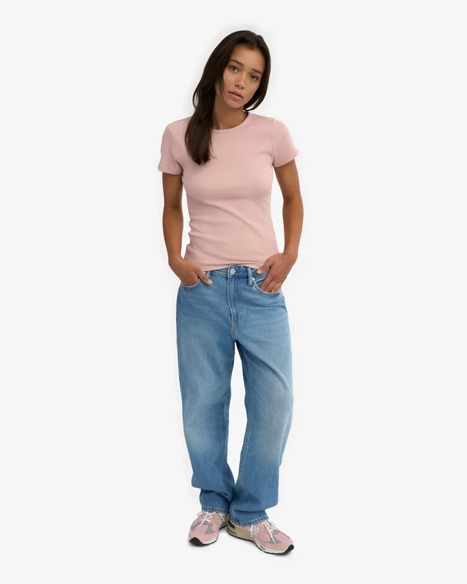 Bio-T-Shirt mit Rippstrick – Ausgewaschenes Rosa