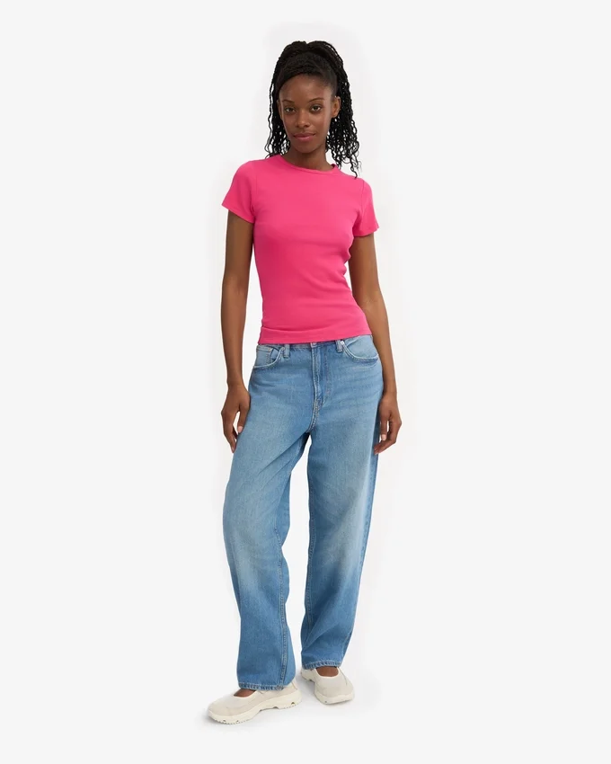 Bio-T-Shirt mit Rippstrick – Bubblegum-Pink