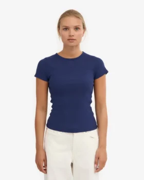 Bio-T-Shirt mit Rippstrick – Marineblau