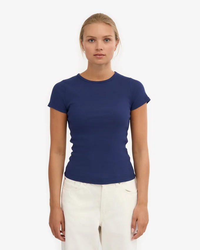 Bio-T-Shirt mit Rippstrick – Marineblau